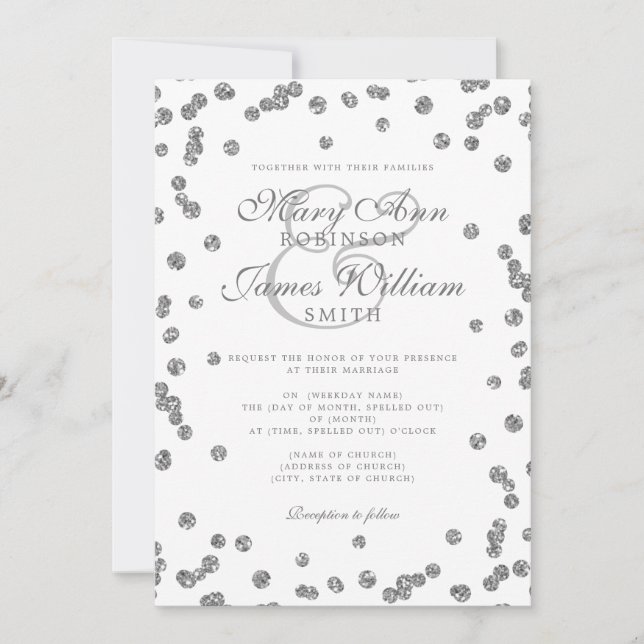 Invitación Elegante Purpurina de plata de matrimonio Confetti (Anverso)