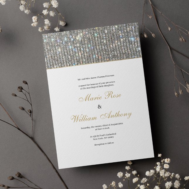 Invitación Elegante purpurina de plata dorada blanco Boda de  (Elegant white gold silver glitter glam Wedding Invitation )