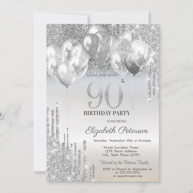 Invitación Elegante Purpurina de plata gotea globos 90 cumple (Anverso)