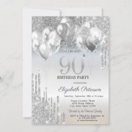 Invitación Elegante Purpurina de plata gotea globos 90 cumple