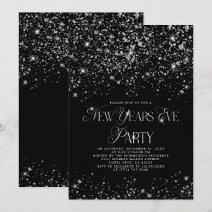 Invitación Elegante Purpurina de Plata Negra Fiesta de Año Nu