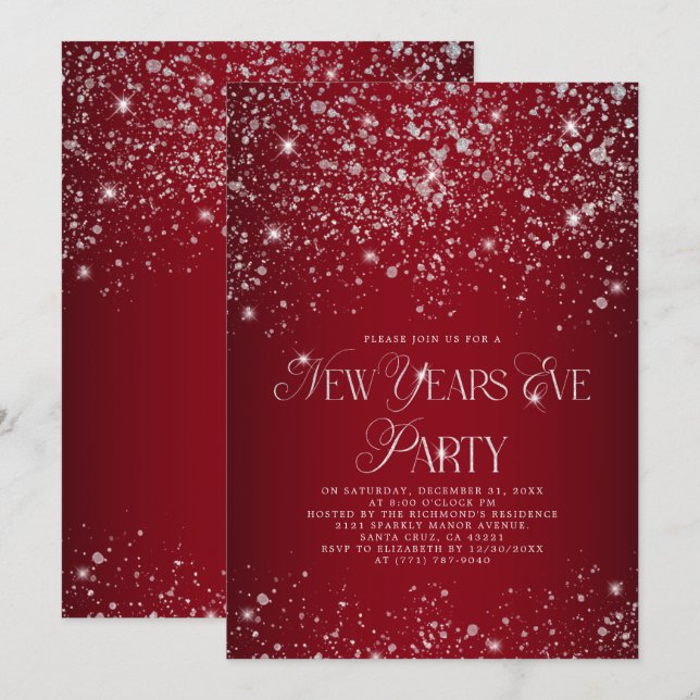Invitación Elegante Purpurina de Plata Roja Año Nuevo Fiesta (Anverso / Reverso)
