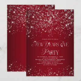 Invitación Elegante Purpurina de Plata Roja Año Nuevo Fiesta