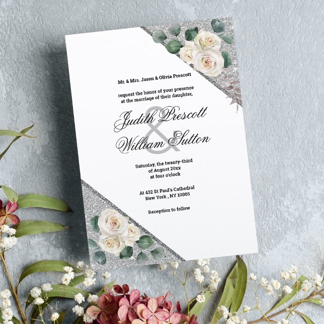 Invitación Elegante purpurina de plata verde blanco boda flor (Elegant white green silver glitter floral wedding invitation )