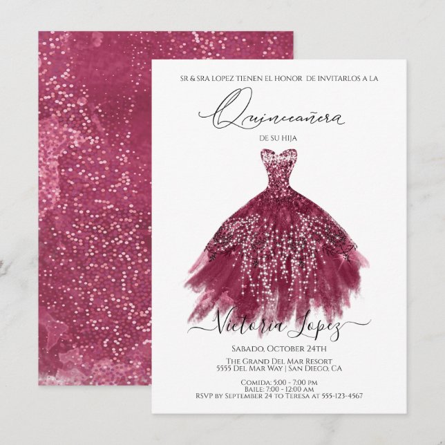 Invitación Elegante Purpurina de Quinceañera esparce cemento  (Anverso / Reverso)
