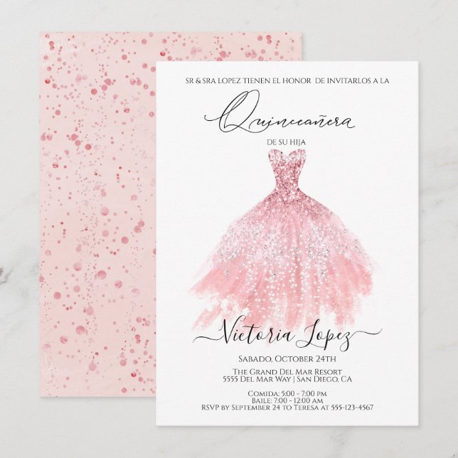 Invitación Elegante Purpurina de Quinceañera esparce cemento  (Anverso / Reverso)
