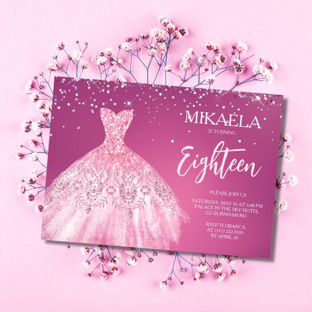 Invitación Elegante Purpurina de vestido rosa 18 cumpleaños (Subido por el creador)