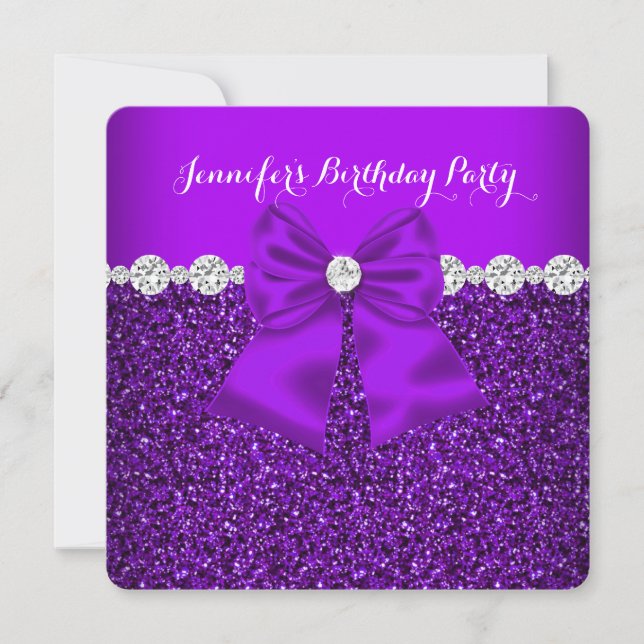 Invitación Elegante Purpurina Diamantes Púrpura Cumpleaños 3 (Anverso)