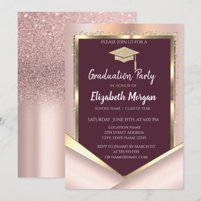 Invitación Elegante Purpurina Diamonds Maroon Graduation (Anverso / Reverso)