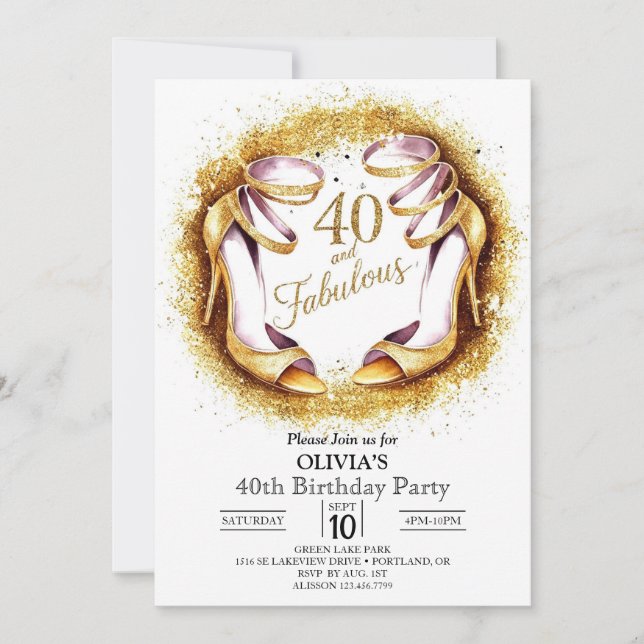 Invitación Elegante Purpurina Digital Gold 40 cumpleaños (Anverso)