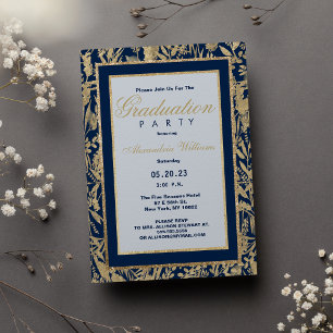 Invitación Elegante purpurina dorado azul marino floral Gradu