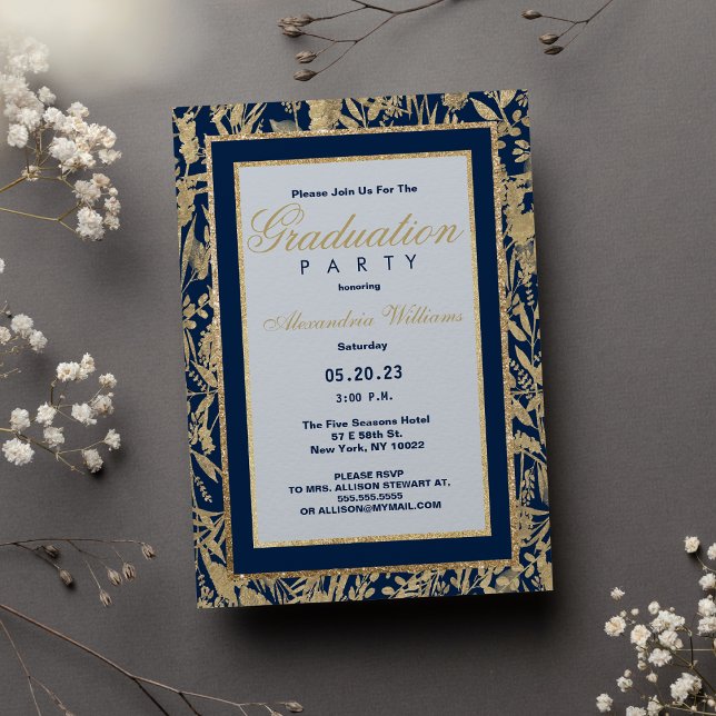 Invitación Elegante purpurina dorado azul marino floral Gradu (Stylish navy blue gold glitter floral Graduation Invitation )