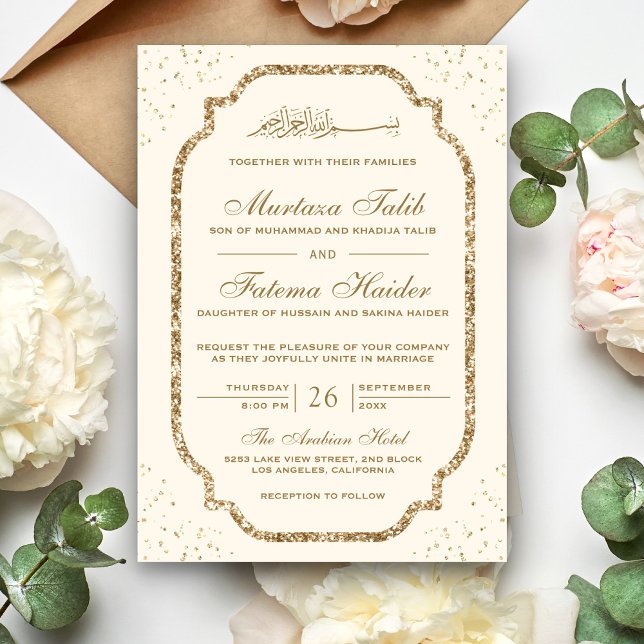 Invitación Elegante Purpurina dorado Crema fronteriza Boda mu (Subido por el creador)