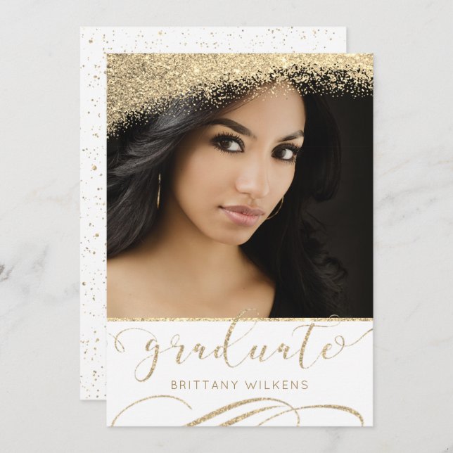 Invitación Elegante Purpurina dorado Dust Script Graduado (Anverso / Reverso)