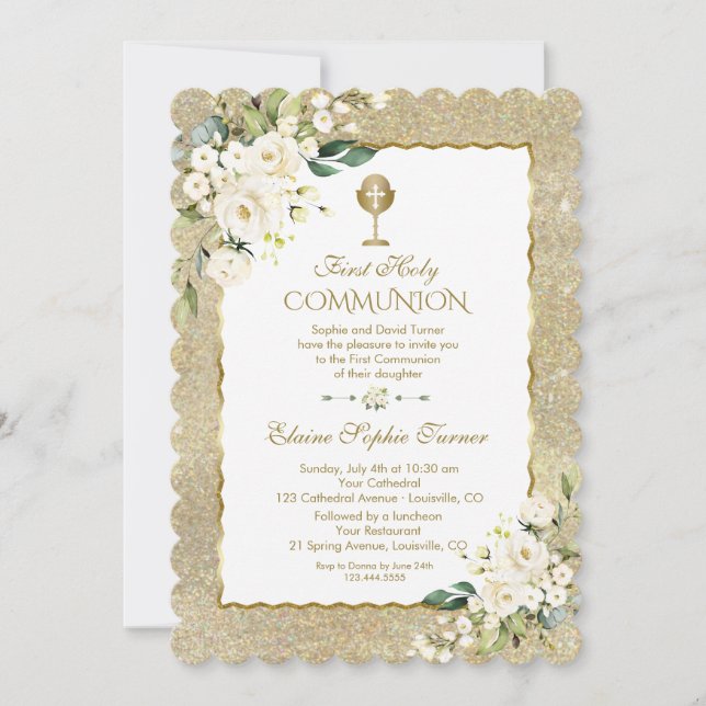 Invitación Elegante Purpurina dorado Floral blanca Primera Co (Anverso)