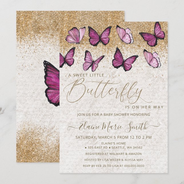 Invitación Elegante Purpurina dorado mariposa rosa Baby Showe (Anverso / Reverso)