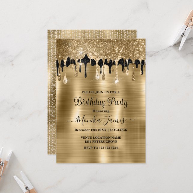 Invitación Elegante Purpurina dorado negro de espuma gotea cu (Anverso/Reverso In Situ)