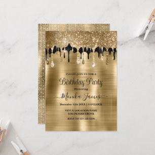 Invitación Elegante Purpurina dorado negro de espuma gotea cu
