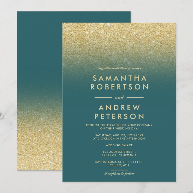 Invitación Elegante purpurina dorado oscuro boda verde azulad (Anverso / Reverso)