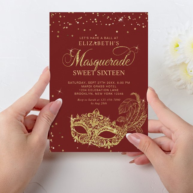 Invitación Elegante Purpurina dorado rojo Masquerade dulce 16 (Subido por el creador)