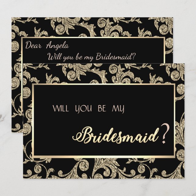 Invitación Elegante Purpurina dorado Swirls Bridesmaid Card (Anverso / Reverso)
