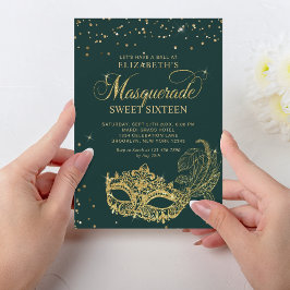 Invitación Elegante Purpurina dorado verde mascarada dulce 16