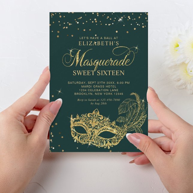 Invitación Elegante Purpurina dorado verde mascarada dulce 16 (Subido por el creador)