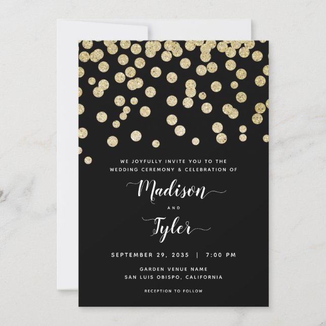 Invitación Elegante Purpurina dorado y negro Confetti Minimal (Anverso)