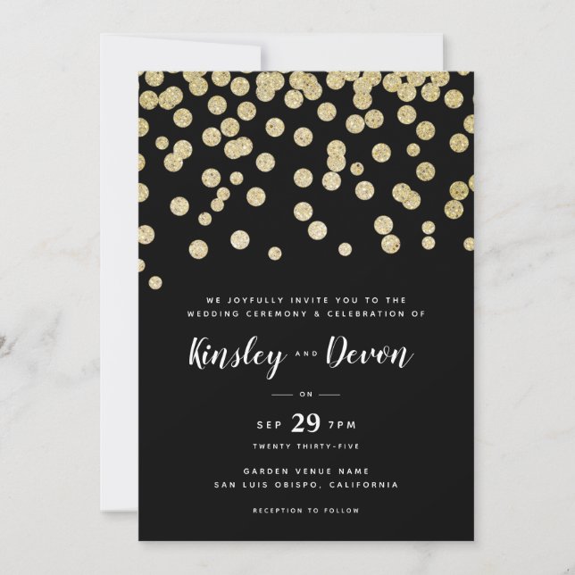 Invitación Elegante Purpurina dorado y negro Confetti Minimal (Anverso)