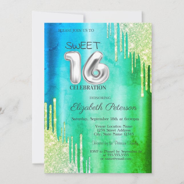Invitación Elegante Purpurina Drips Green Sweet 16 (Anverso)