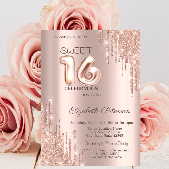Invitación Elegante Purpurina Drips Rosa Dulce de Oro 16 (Subido por el creador)