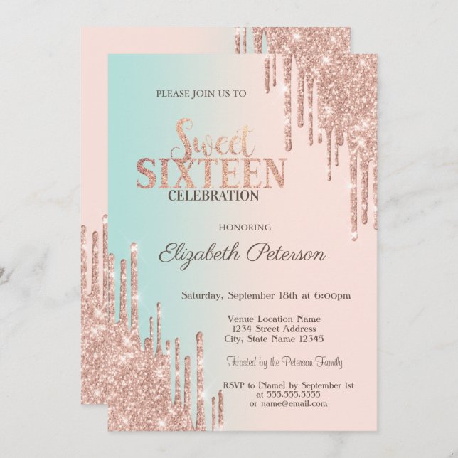 Invitación Elegante Purpurina Drips Rosa Ombre Dulce 16 (Anverso / Reverso)