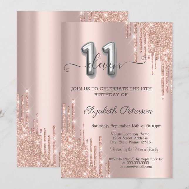 Invitación Elegante Purpurina Drips Rosa Oro 11 cumpleaños (Anverso / Reverso)