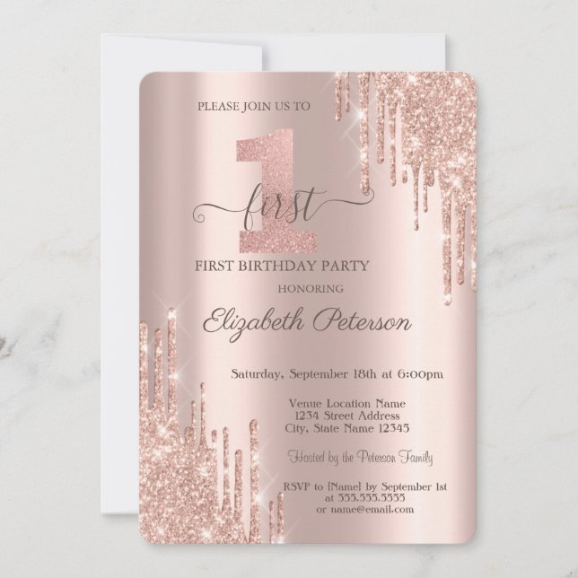 Invitación Elegante Purpurina Drips Rosa Oro Primer Cumpleaño (Anverso)