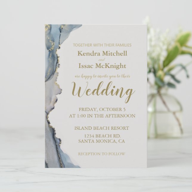 Invitación Elegante Purpurina Dusty Blue Gold (Anverso de pie)