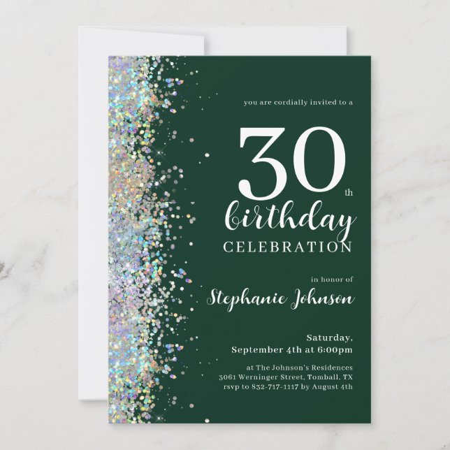 Invitación Elegante Purpurina Emerald Green 30 cumpleaños (Anverso)