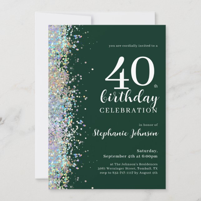 Invitación Elegante Purpurina Emerald Green 40 cumpleaños (Anverso)