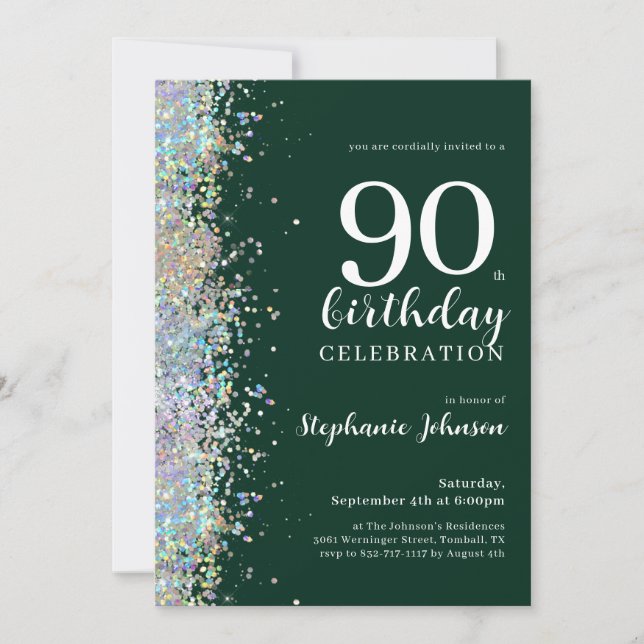 Invitación Elegante Purpurina Emerald Green 90 cumpleaños (Anverso)