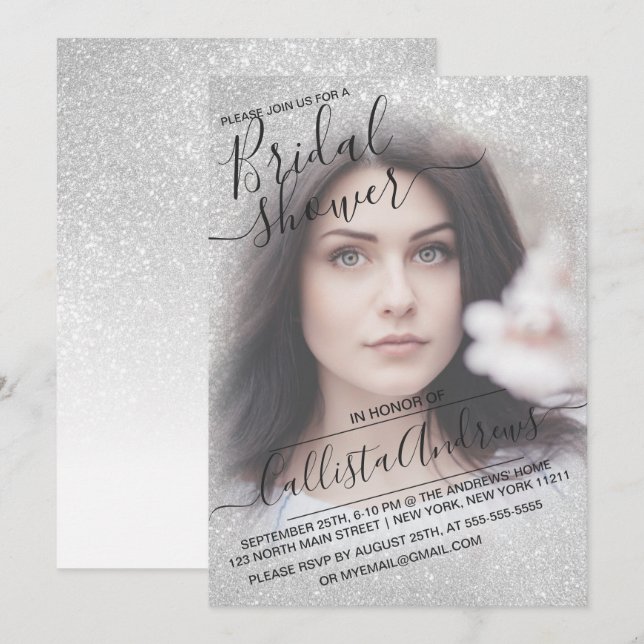 Invitación Elegante Purpurina espumoso blanco foto ducha de n (Anverso / Reverso)