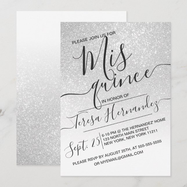 Invitación Elegante Purpurina espumoso blanco Ombre Quinceañe (Anverso / Reverso)
