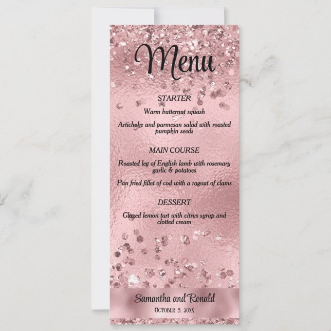 Invitación Elegante Purpurina falso rosado y menú Boda Reliev (Anverso)