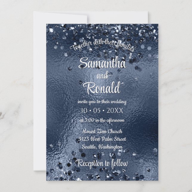 Invitación Elegante Purpurina Faux Dark Blue y Boda de Reliev