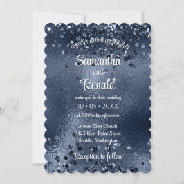 Invitación Elegante Purpurina Faux Dark Blue y Boda de Reliev