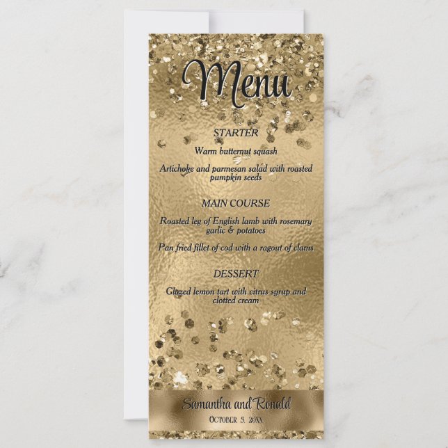 Invitación Elegante Purpurina Faux Gold y menú Boda Relieve m (Anverso)