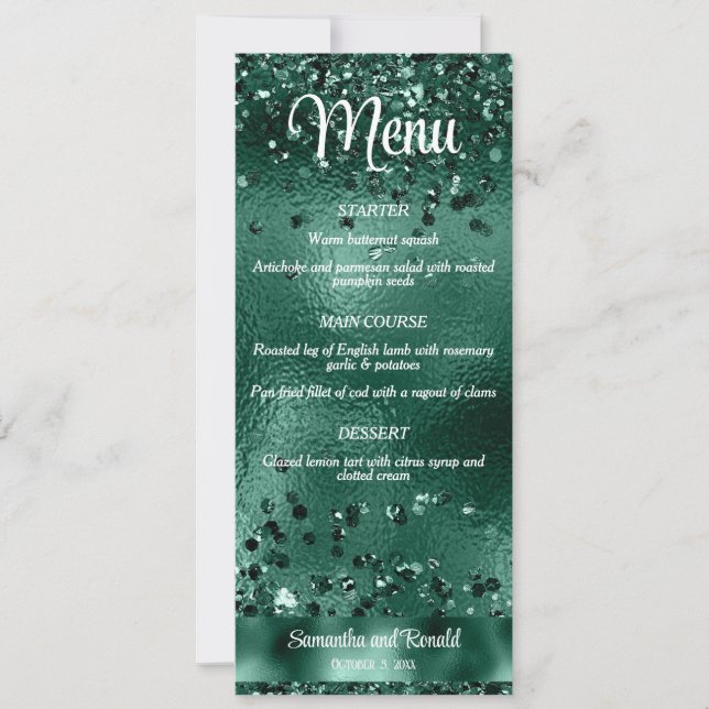 Invitación Elegante Purpurina Faux Green y menú Boda Relieve  (Anverso)