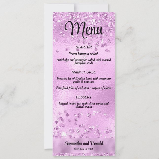 Invitación Elegante Purpurina Faux Lilac y menú Boda Relieve  (Anverso)