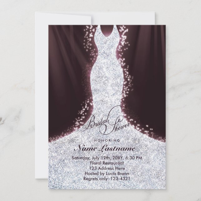 Invitación Elegante Purpurina Faux Vestido Bridal Ducha Invit (Anverso)