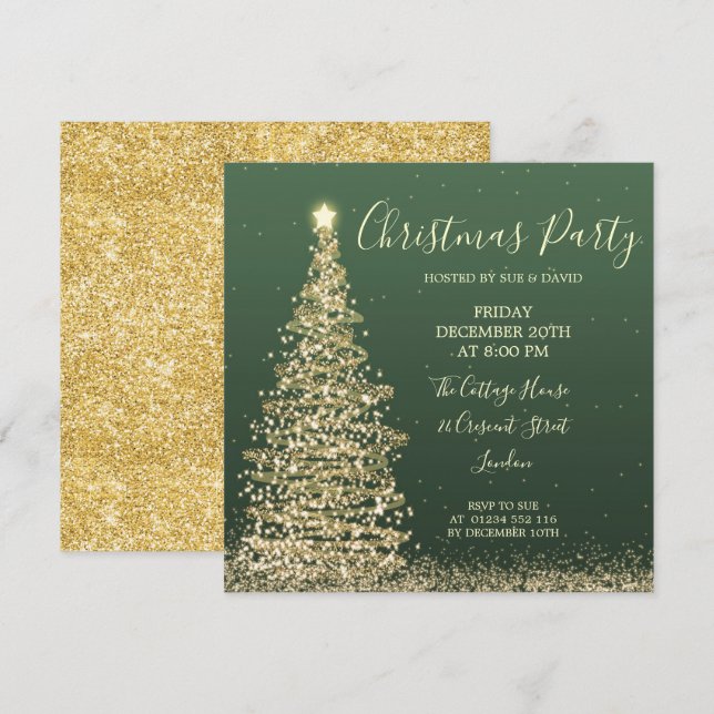 Invitación Elegante Purpurina Fiesta de Navidades verdes del  (Anverso / Reverso)