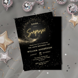 Invitación Elegante Purpurina Fiesta de sorpresa negro y oro
