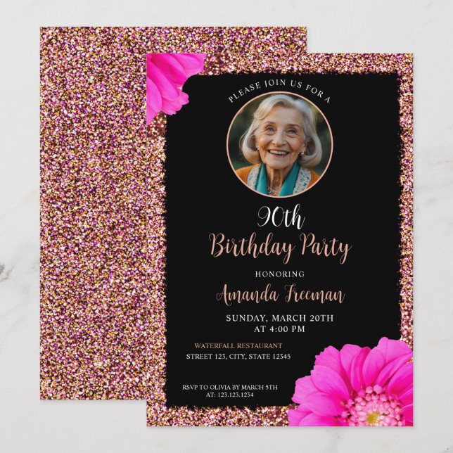 Invitación Elegante Purpurina floral 90º cumpleaños (Anverso / Reverso)